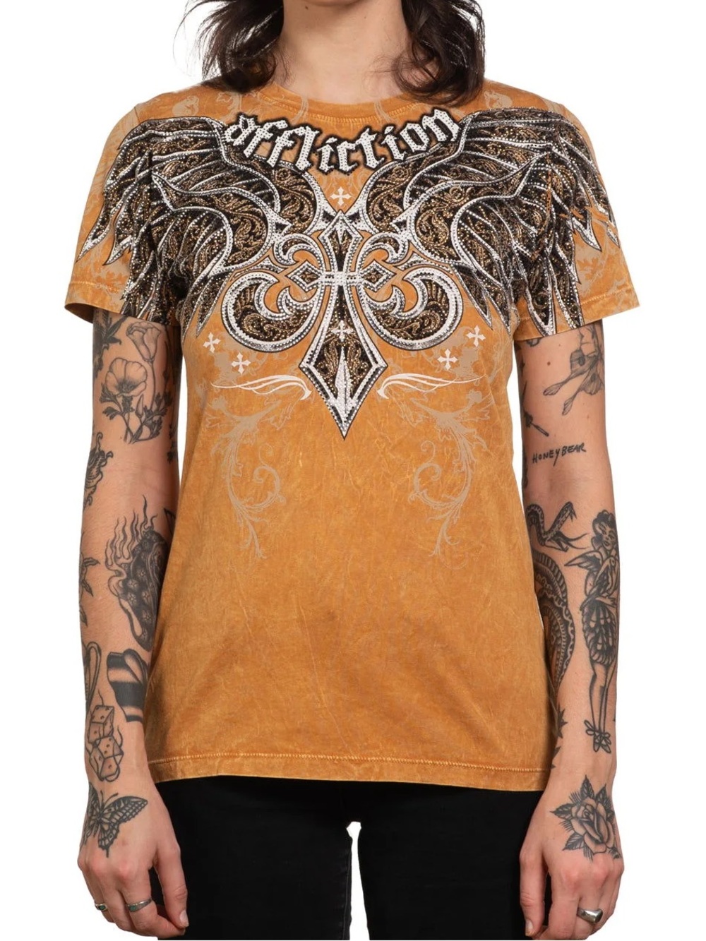 NWT Affliction Women's Medium Burnt Orange Winged Cross Chrome Graphic Tee
